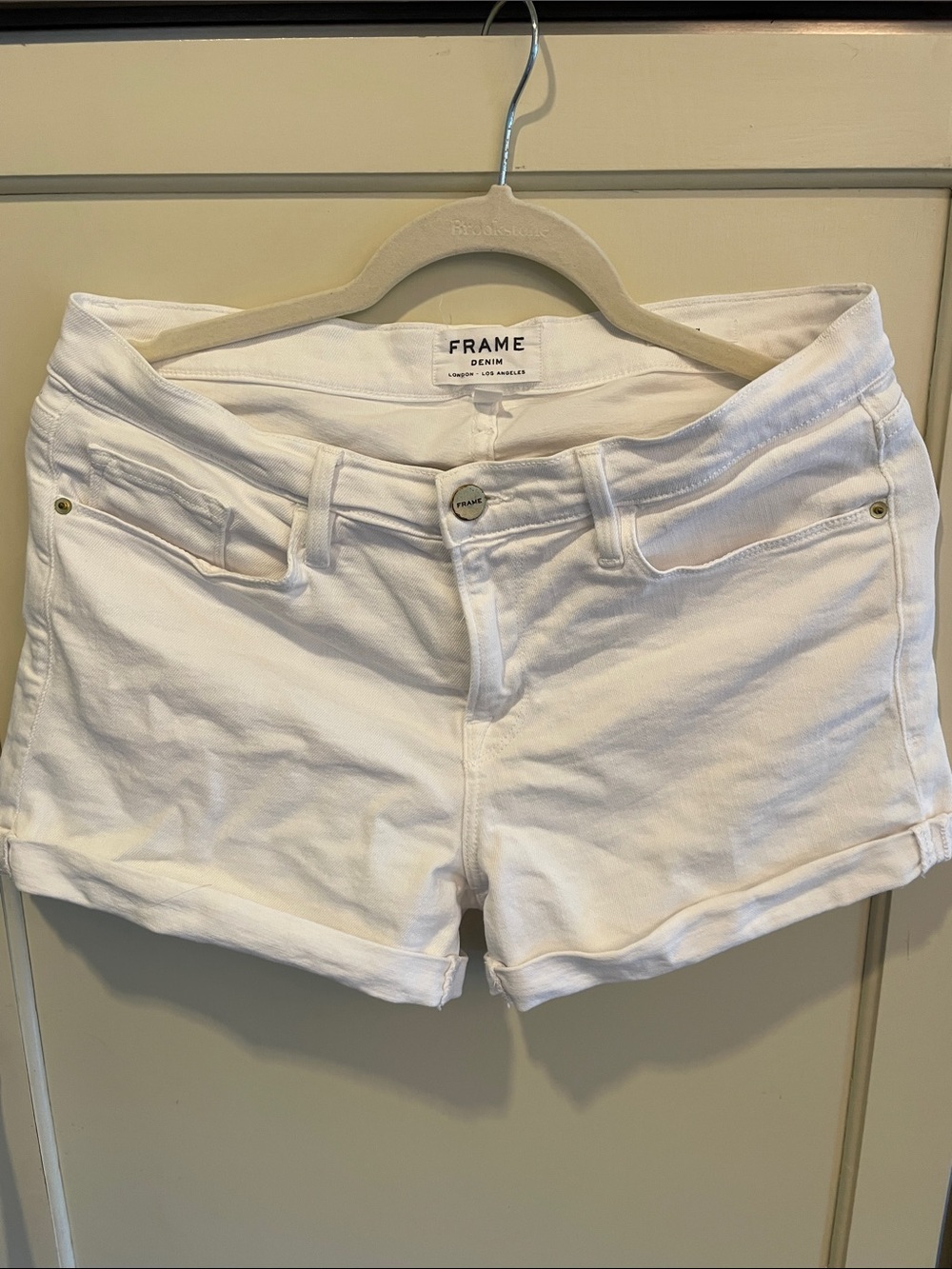 Frame Le Cutoff White Denim Shorts with Frayed Hem, Size 29